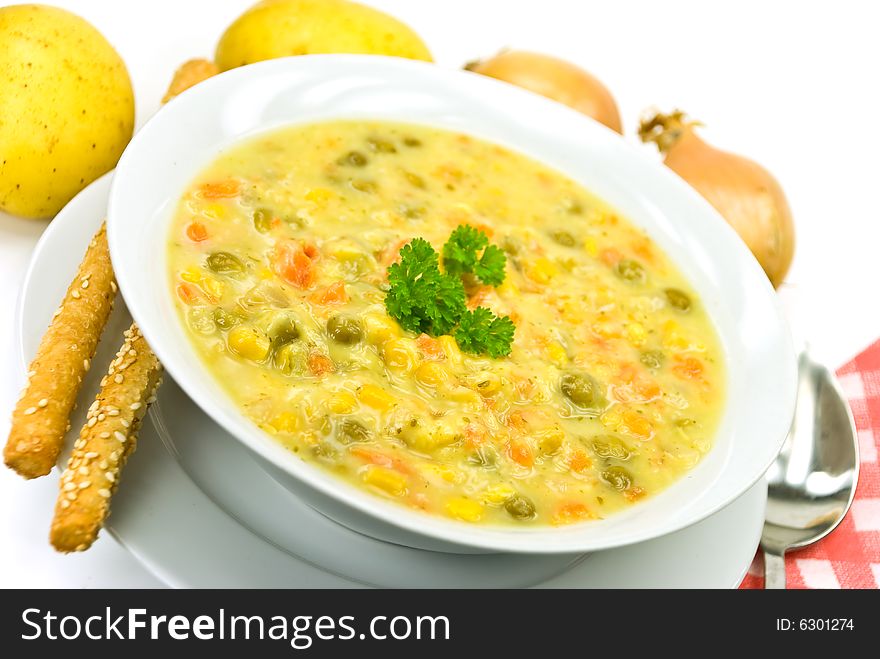 Stew-soup with red bell pepper,green pea,mixed vegetable.