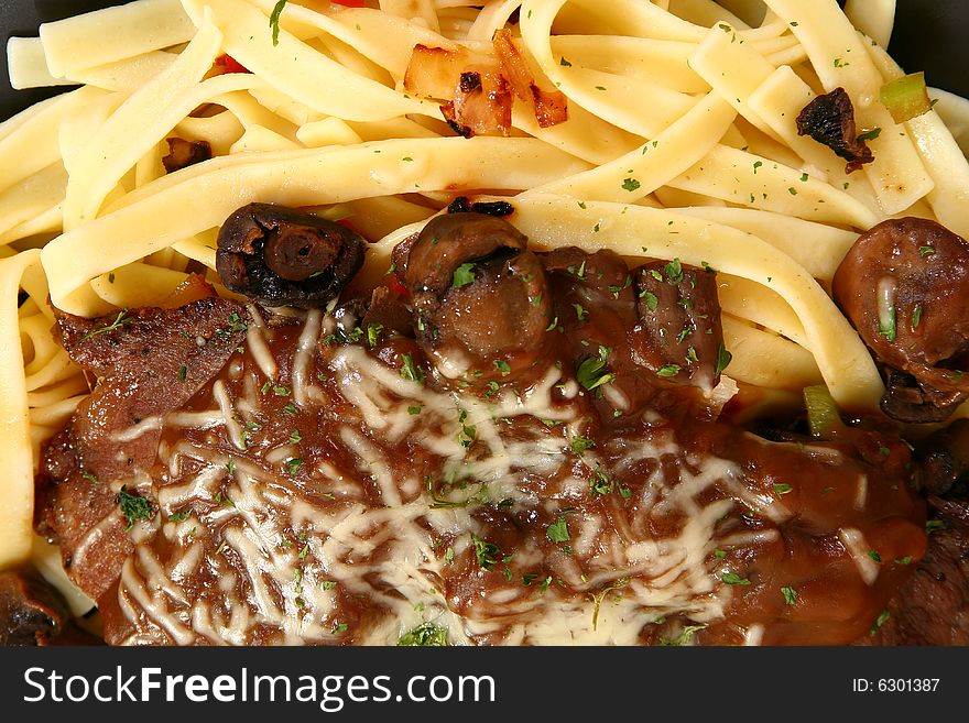 Thin slices of sirloin saut�ed with onions and peppers with creamy brown
gravy and mushrooms. Focus on meat and sauce. Thin slices of sirloin saut�ed with onions and peppers with creamy brown
gravy and mushrooms. Focus on meat and sauce.