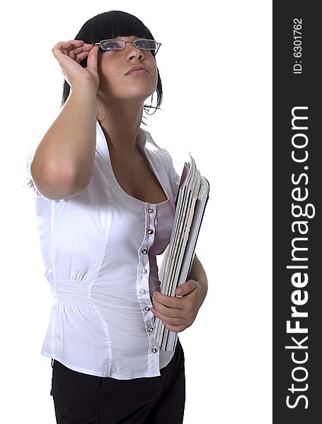 The student, a different angle view, with books, a pointer, the laptop, in points, standing and sitting, isolated on white. The student, a different angle view, with books, a pointer, the laptop, in points, standing and sitting, isolated on white