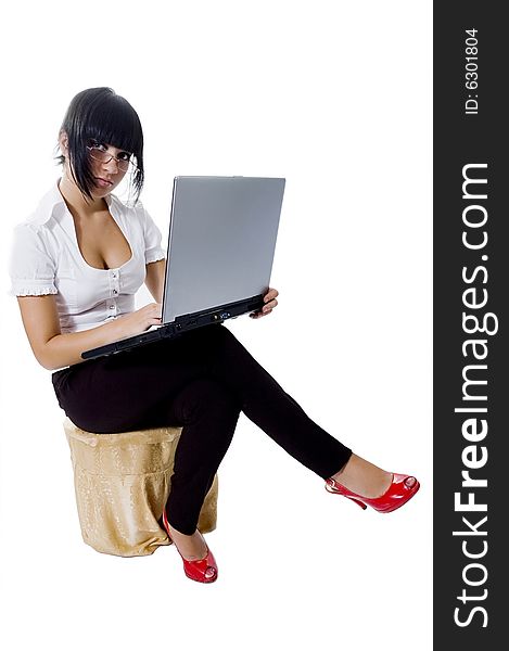 The student, a different angle view, with books, a pointer, the laptop, in points, standing and sitting, isolated on white. The student, a different angle view, with books, a pointer, the laptop, in points, standing and sitting, isolated on white