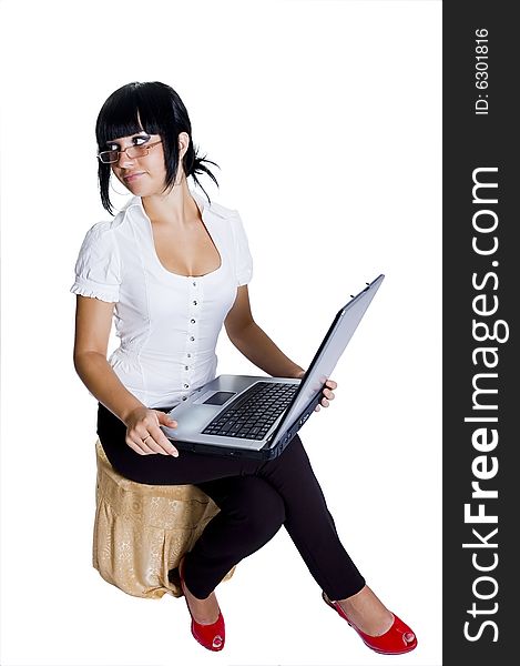 The student, a different angle view, with books, a pointer, the laptop, in points, standing and sitting, isolated on white. The student, a different angle view, with books, a pointer, the laptop, in points, standing and sitting, isolated on white