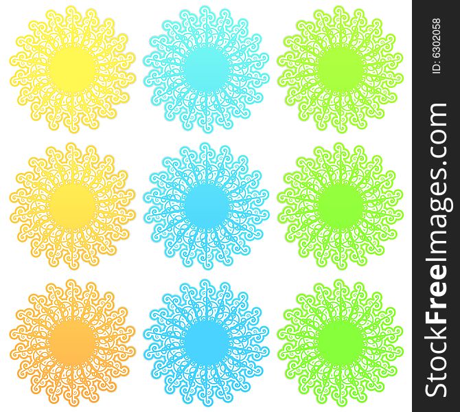 Vector illustration of a stylized retro funky suns with slick gradients. Vector illustration of a stylized retro funky suns with slick gradients.