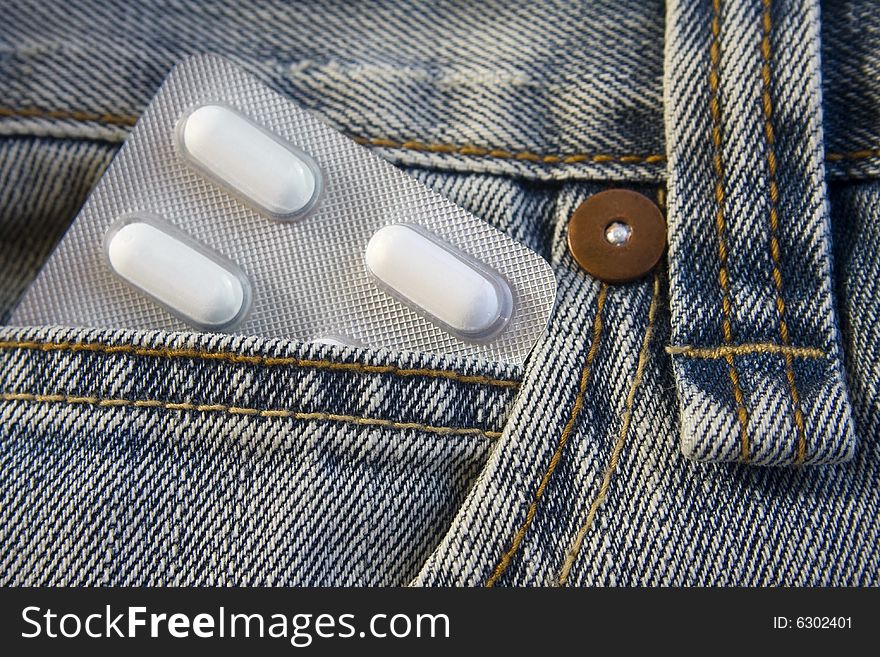 Blister pack of pills in the jeans pocket