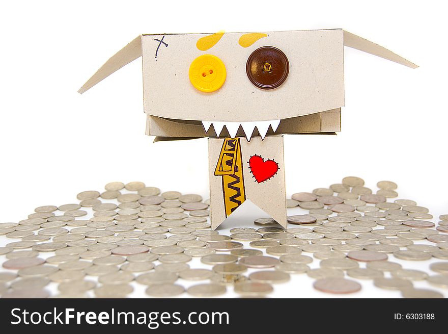 Metal coins and cardboard greedy person. Metal coins and cardboard greedy person