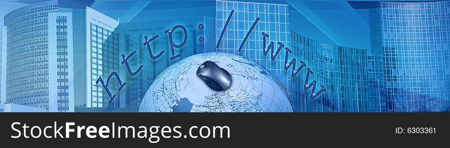 Design with an abstract background covered with business buildings. On the foreground a part of the globe with a mouse and around the text http://www. Design with an abstract background covered with business buildings. On the foreground a part of the globe with a mouse and around the text http://www.