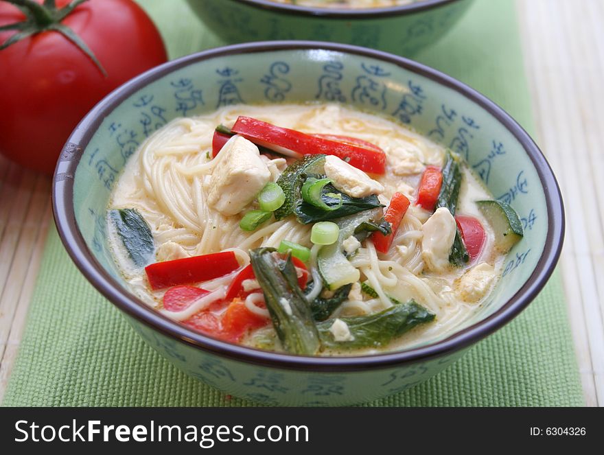 Japanese udon noodles with tofu and vegetables. Japanese udon noodles with tofu and vegetables