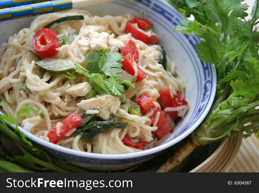 A japanese soup with vegetables and somen noodles. A japanese soup with vegetables and somen noodles