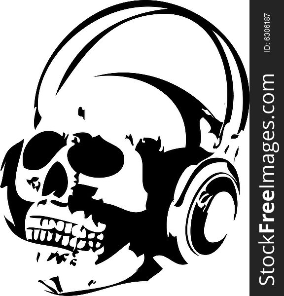 Black and white skull head with headphones on. Black and white skull head with headphones on