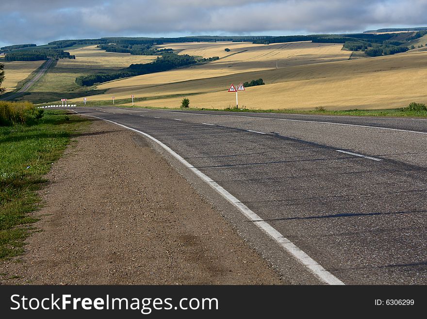 The road lays through yellow fields. The road lays through yellow fields