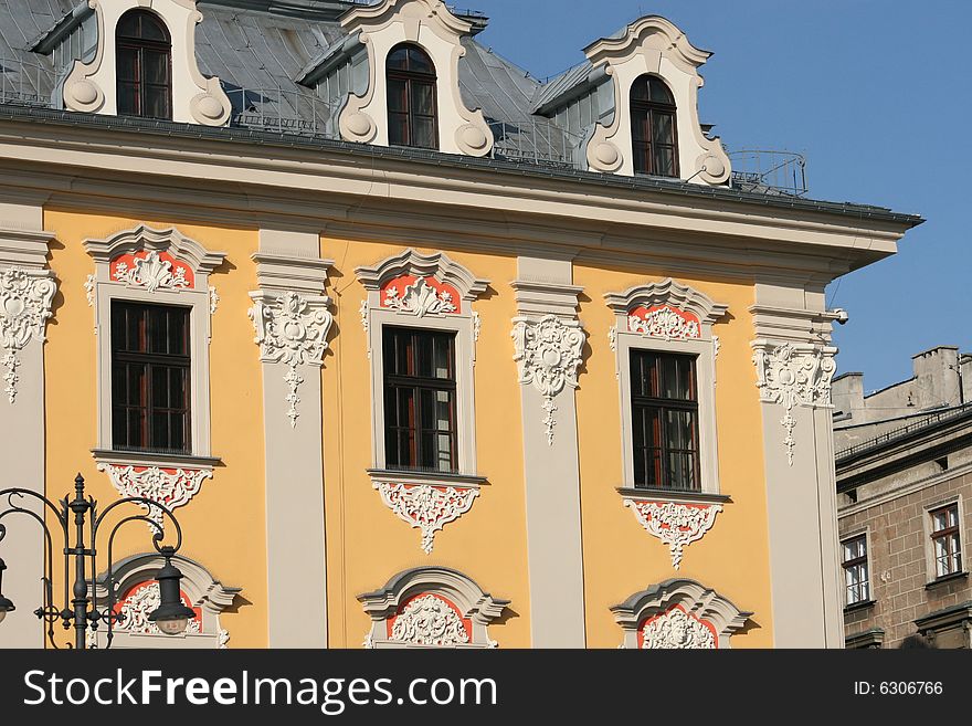 One of the renovated very old buildings in Cracow, Poland, Main square. One of the renovated very old buildings in Cracow, Poland, Main square