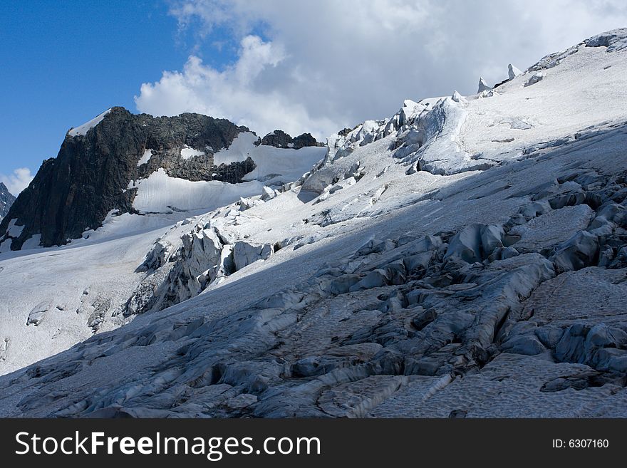 Snow covered glacier in caucasus mountains