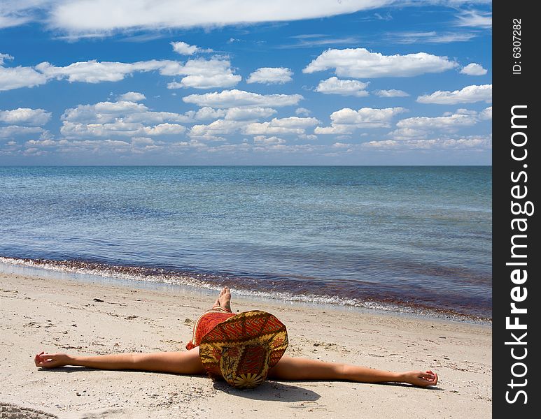 Woman sunburnt at sand sea beach. Woman sunburnt at sand sea beach