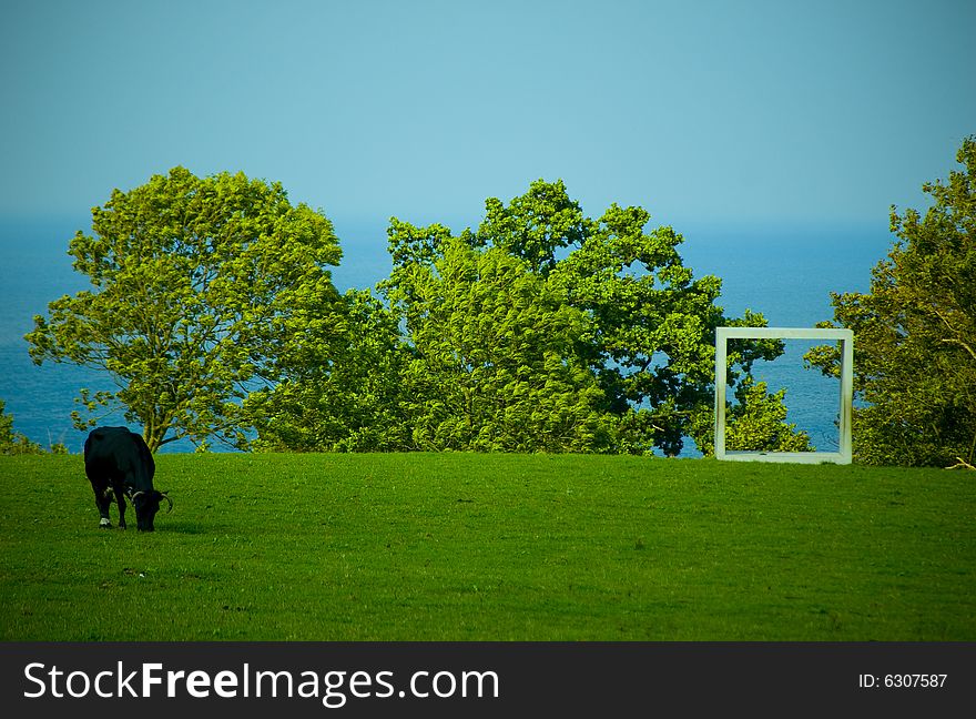 A cow on a field with an art installation. Ocean an sky in background. A cow on a field with an art installation. Ocean an sky in background.