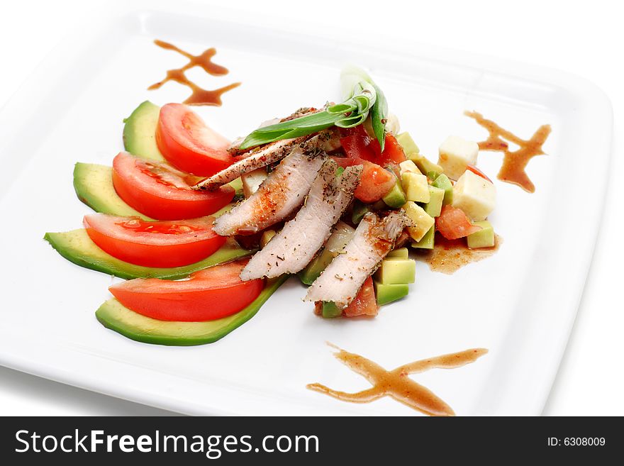 Meat Plate with Vegetables and Onion. Isolated on White Background. Meat Plate with Vegetables and Onion. Isolated on White Background