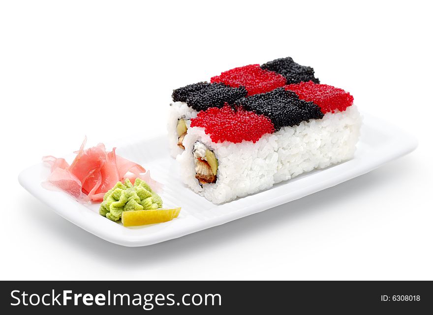 Rolls Chess with Red and Black Caviar. Isolated on White Background. Rolls Chess with Red and Black Caviar. Isolated on White Background