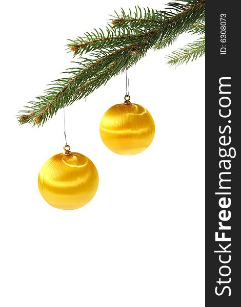 Yellow christmas balls on spruce branch isolated on white. Yellow christmas balls on spruce branch isolated on white