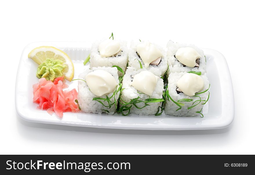 Rolls with Greens and Sauce. Isolated on White Background. Rolls with Greens and Sauce. Isolated on White Background