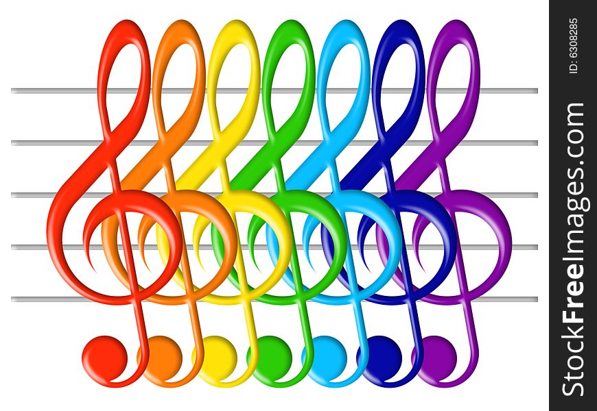 Treble clefs in colors of a rainbow on a white background