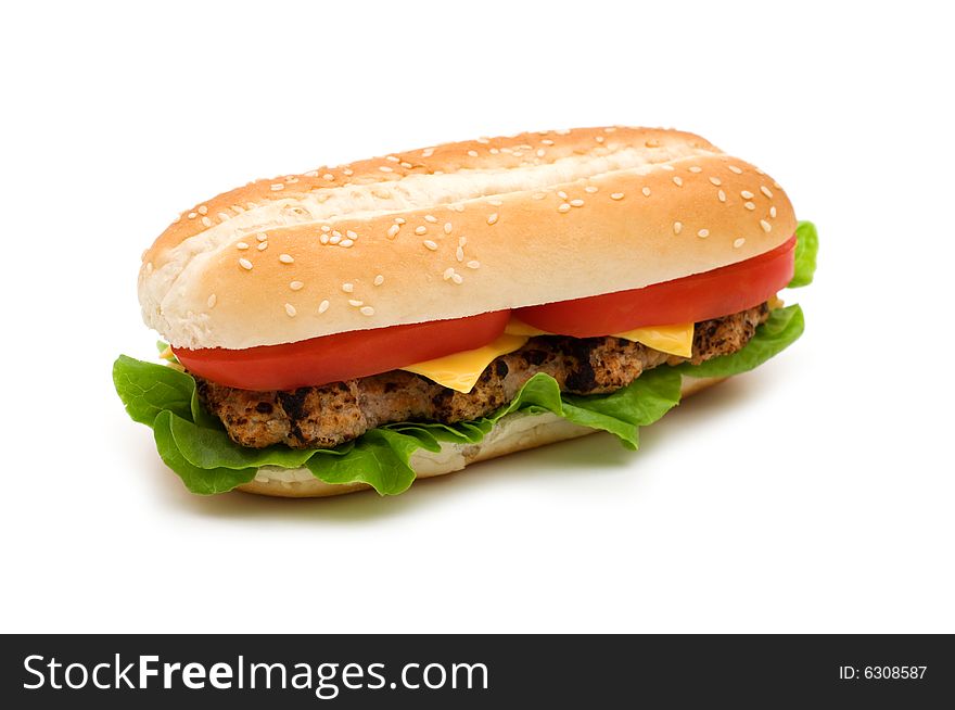 Long tasty cheeseburger on white background