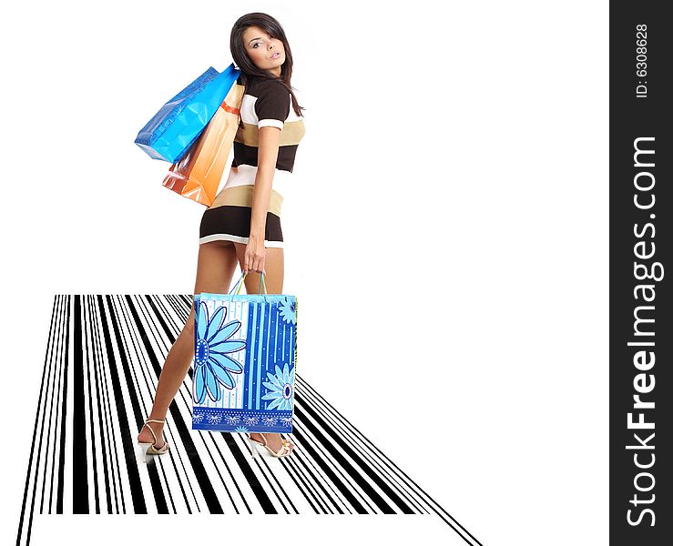 Shopping girl with bag on bar code. isolated in white