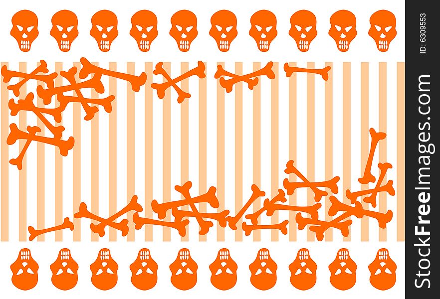 Orange skulls and bones on a white  background. Halloween illustration.