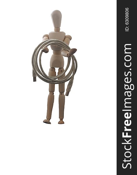 A wooden model holding a usb connection cable. A wooden model holding a usb connection cable