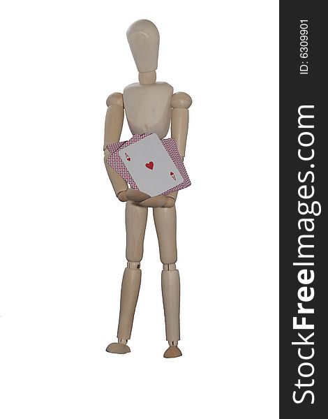 A wooden model holding a pack of cards with the Ace of hearts showing