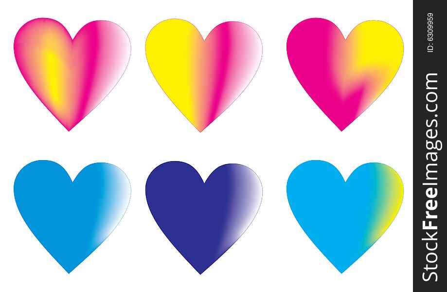 Colorful hearts rendered in white background, . Colorful hearts rendered in white background,