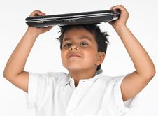 Boy Holding Laptop On His Head Stock Photos Boy Holding Laptop On His Head Stock Photos