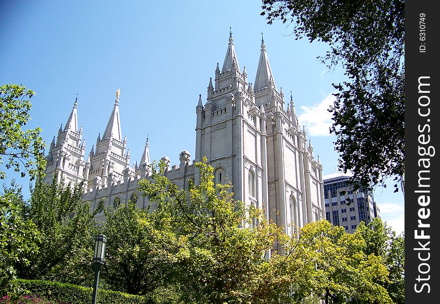 White mormons temple on the background of dark sky