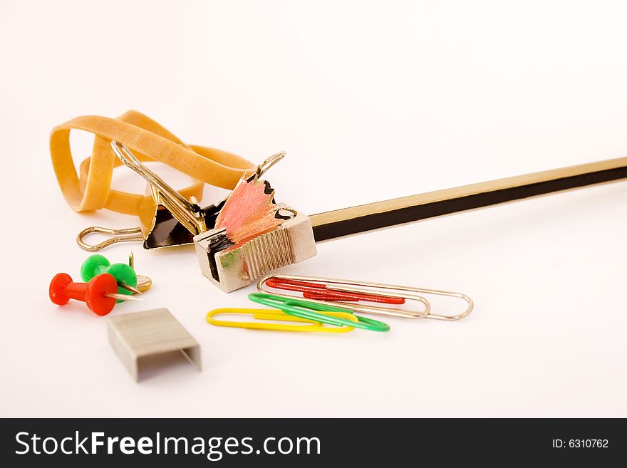 Collection of various stationary office supplies on white background. Collection of various stationary office supplies on white background