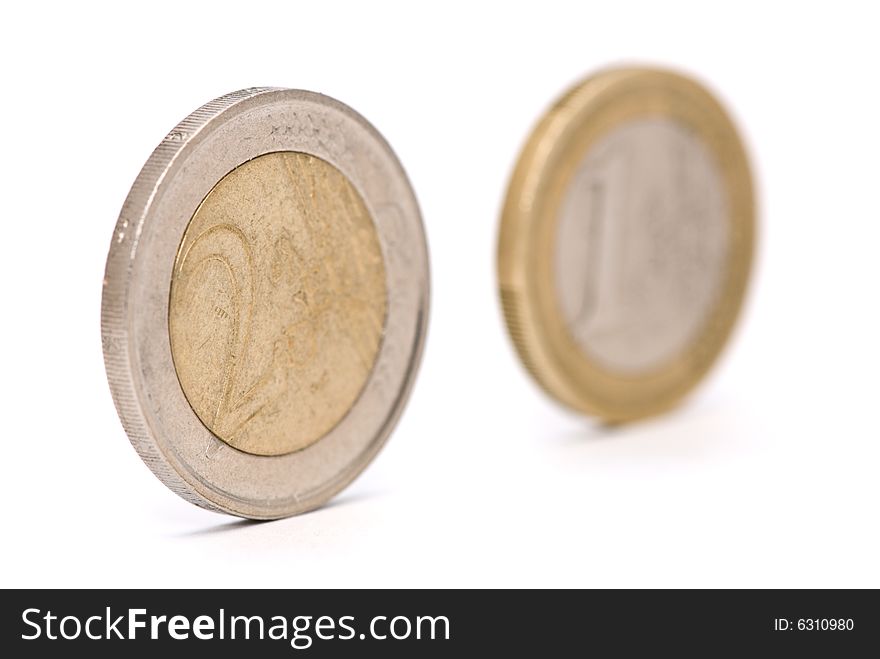 Two euro coins on white background. Two euro coins on white background