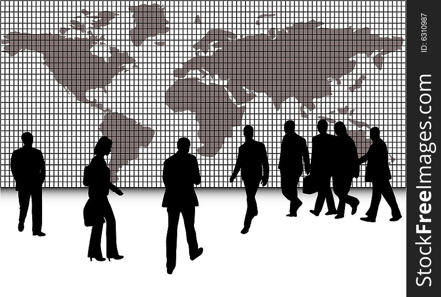 Illustration of business people and map