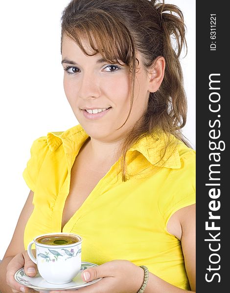 The portrait of girl with a mug of coffee isolated on white background
