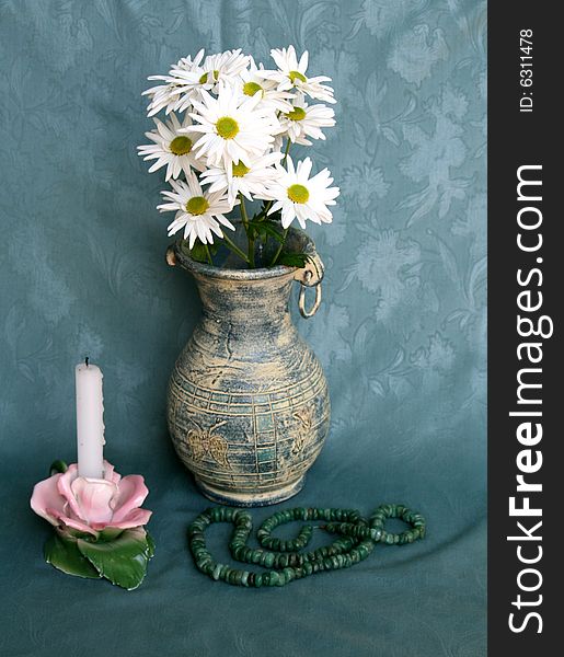 Still Life with Vase of Daisies, Candlestick and Necklace