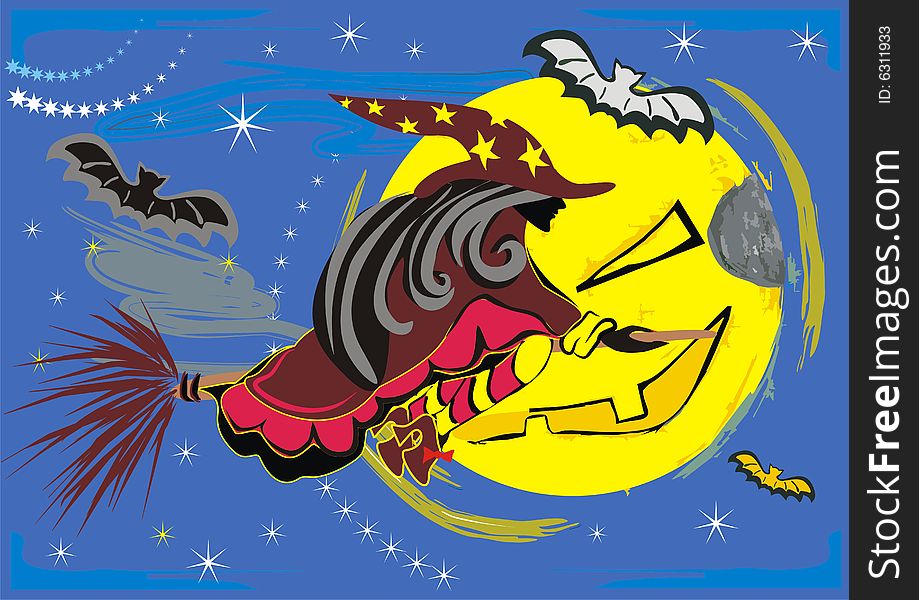 Halloween witch on the broom in the sky