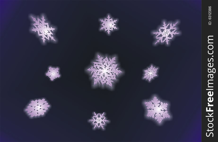 Nine violet and white snowflakes in blue background. Nine violet and white snowflakes in blue background