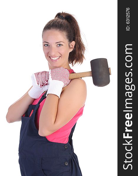 Woman with black rubber mallet on white background