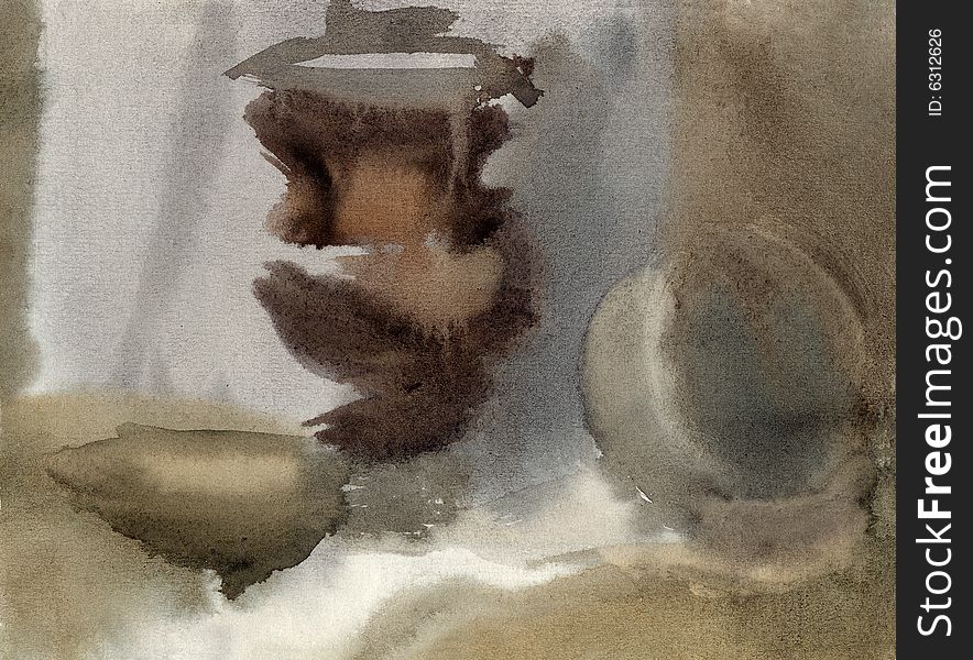 Still life. Blurred fruits and a jar. Watercolor.