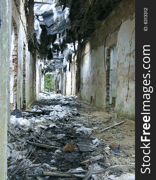 Hall wrecked house in empty town