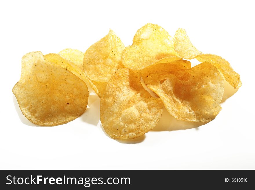 Crunchy potato chips composition isolated. Crunchy potato chips composition isolated