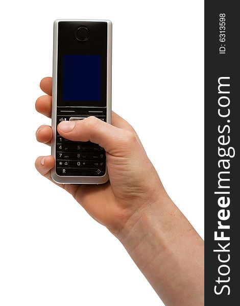 Phone in a hand on a white background
