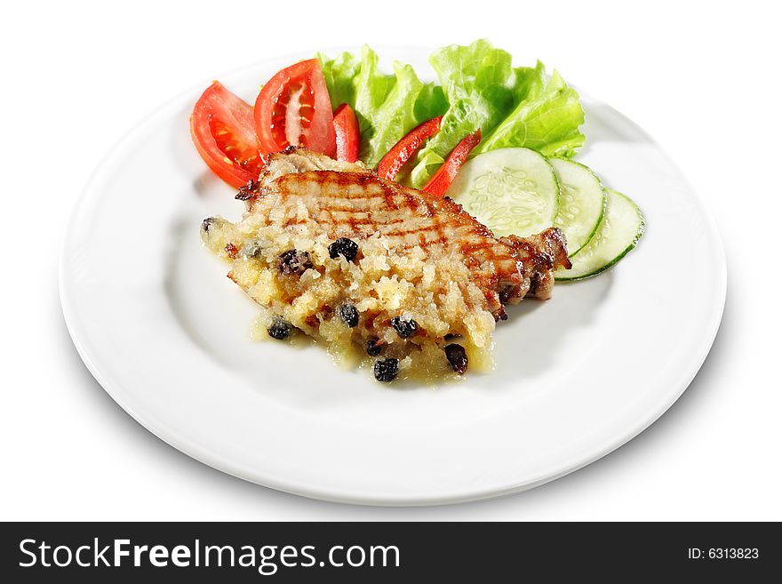 Pork Steak in Honey Sweet Sauce with Vegetable and Salad Leaf. isolated on White Background