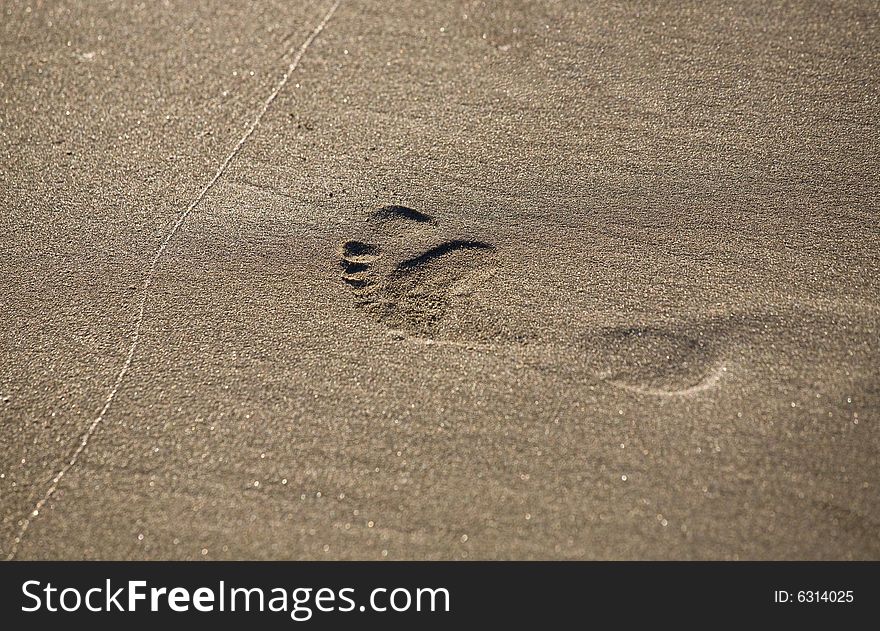 A closeup of single footprint in the sand