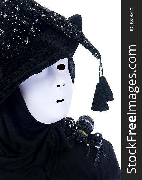 Halloween, fun and creepy, witches hat and white mask on white background