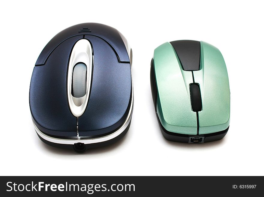 A big and small wireless mouse on white background.