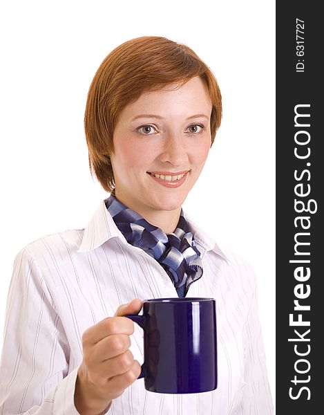 Beautiful young woman with a blue cup. Portrait in a high key. Beautiful young woman with a blue cup. Portrait in a high key.