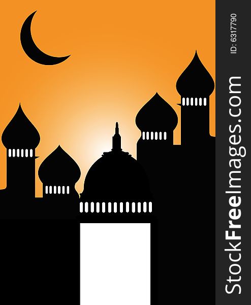 Islamic mosque silhouette with moon in gradient background. Islamic mosque silhouette with moon in gradient background