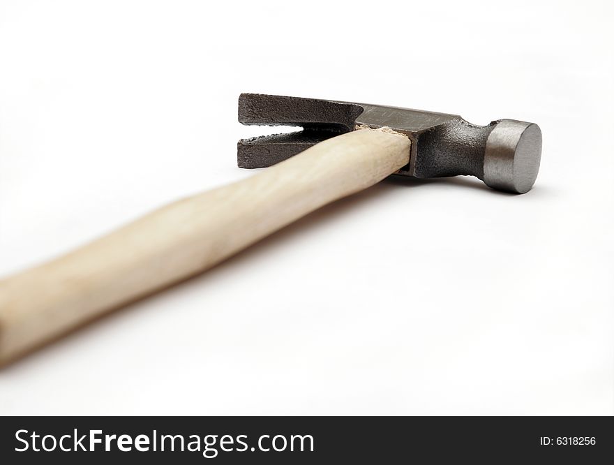 Metal Hammer With Wooden Handle On White Background, Work Tool, Low Perspective, Focus On Top / Head