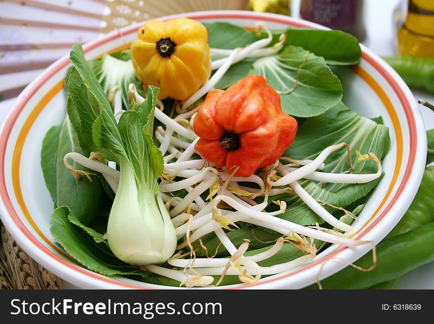 Some fresh asian vegetables in a bowl. Some fresh asian vegetables in a bowl